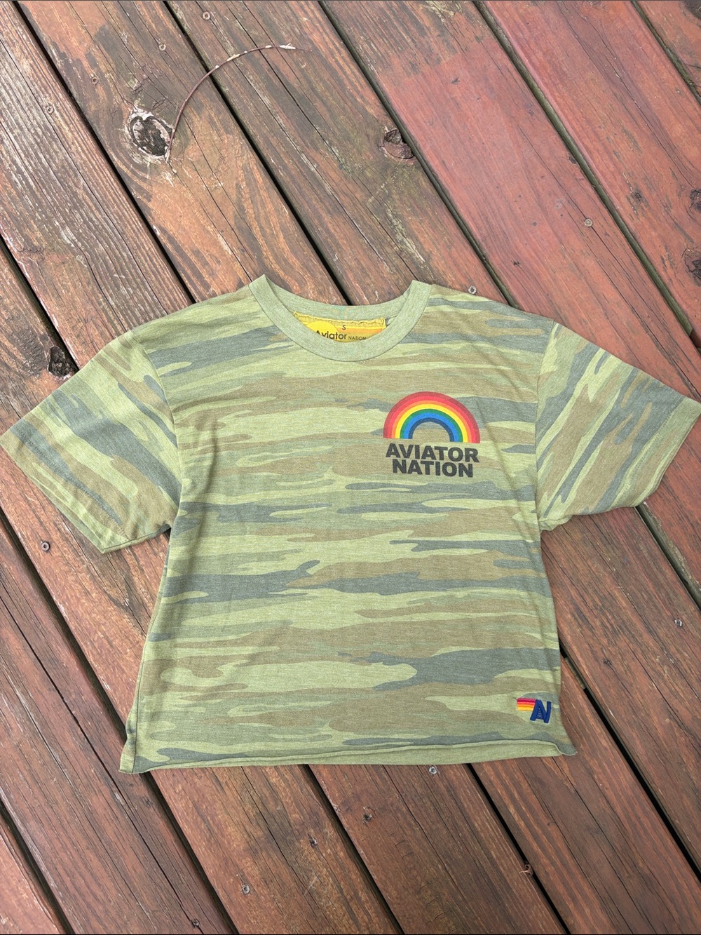 Aviator Nation Green Camo Rainbow Logo Tee